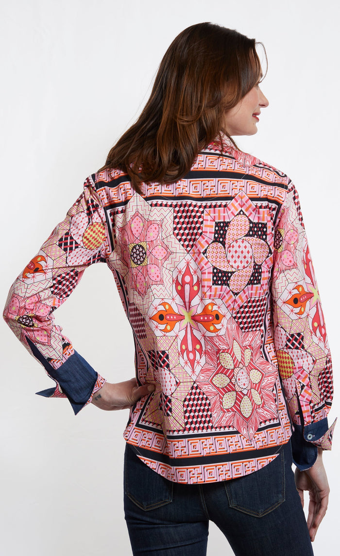 Dizzy-Lizzie Rome Long Sleeve Shirt - Pink Black Maze Print available at Barbara Katz