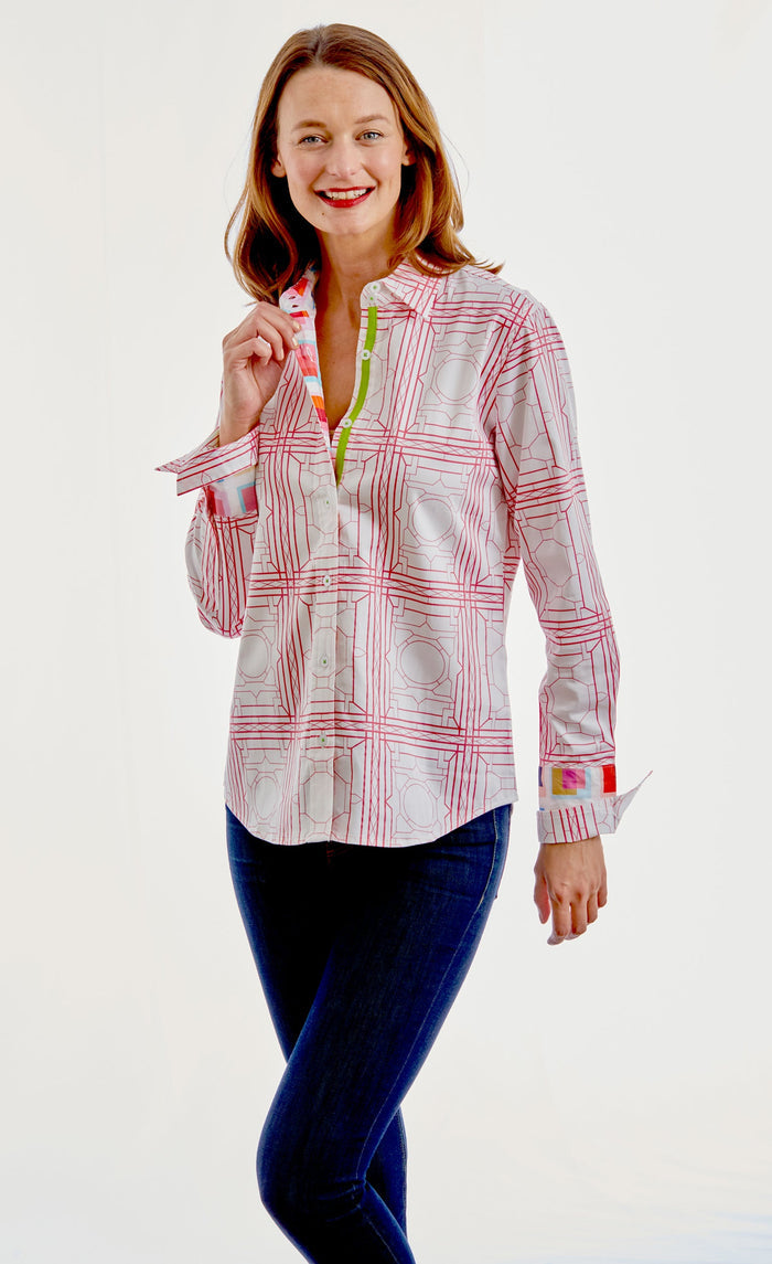 Dizzy-Lizzie Rome Long Sleeve Shirt - Pink White Geo available at Barbara Katz