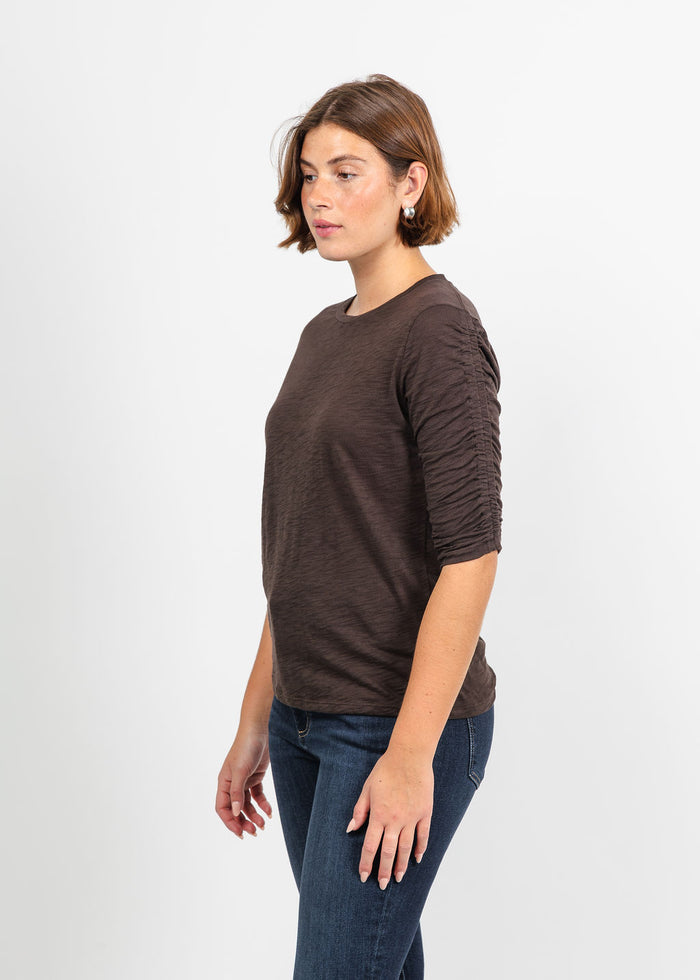 Goldie Ruched Half Sleeve Crew Tee in French Roast available at Barbara Katz