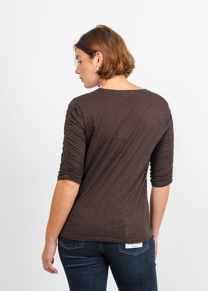 Goldie Ruched Half Sleeve Crew Tee in French Roast available at Barbara Katz