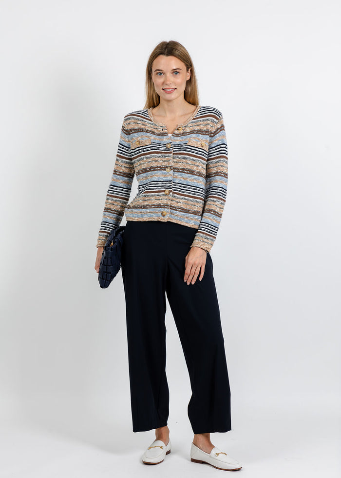 Central Park West Marlon Textured Stitch Cardigan in Brown Blue/Multi paired with Raffaello Rossi Sally 7/8 High Tech Jersey Pants in Marine available at Barbara Katz
