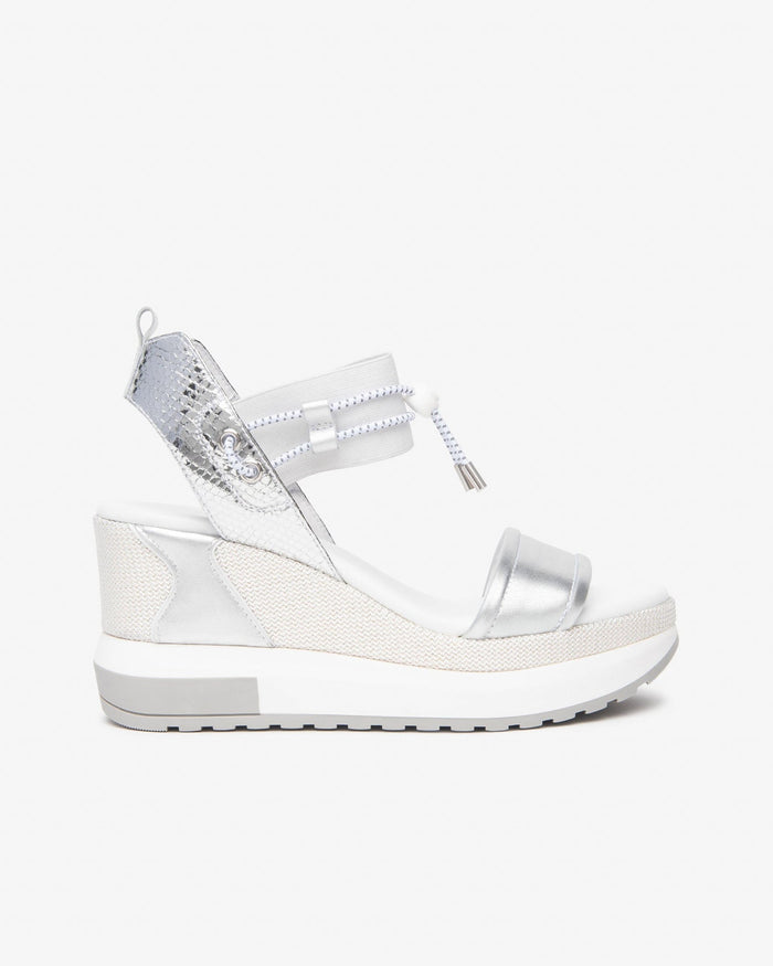 NeroGiardini Satcha Bungee Platform Wedge Sandal in Silver available at Barbara Katz