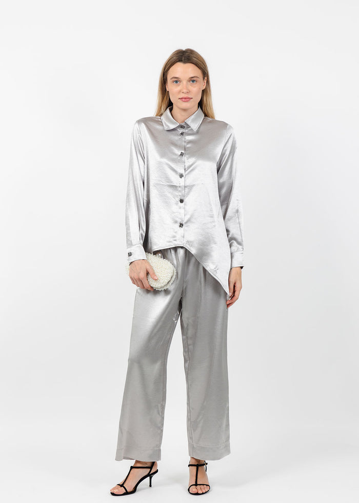 Terra Modern Asymmetric Blouse in Light Taupe paired with matching Terra Satin Pants available at Barbara Katz