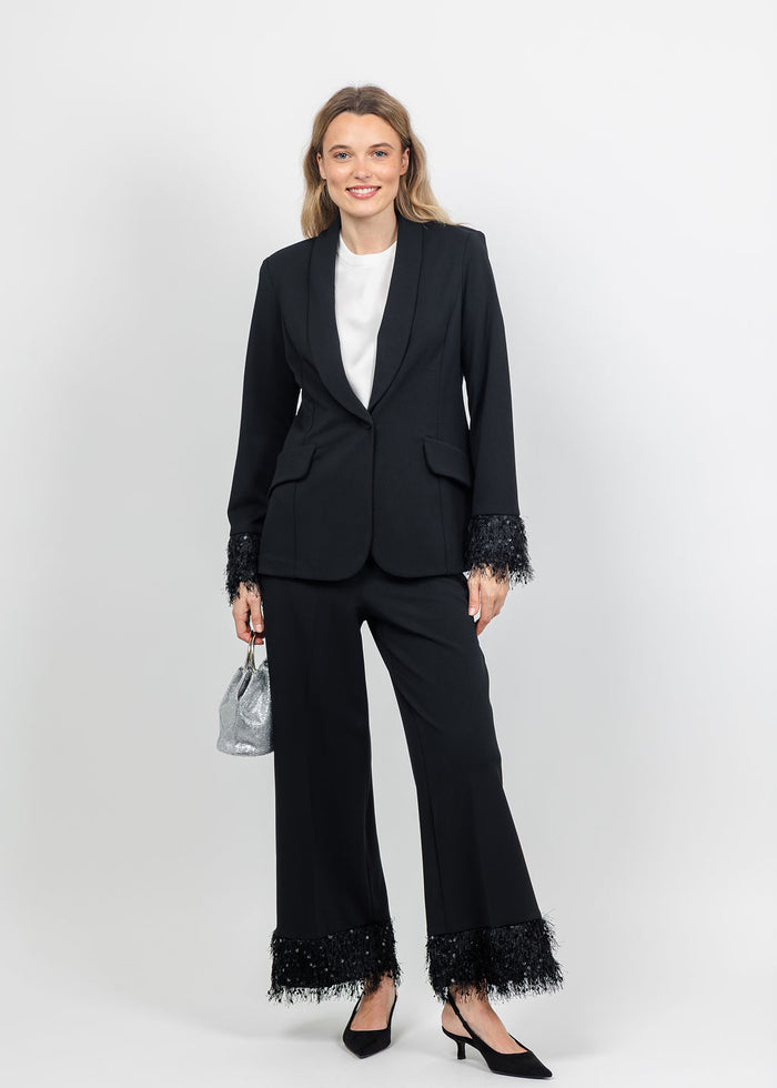Joseph Ribkoff Scuba Crepe Fringe Cuff Blazer and Wide Leg Pant in Black available at Barbara Katz