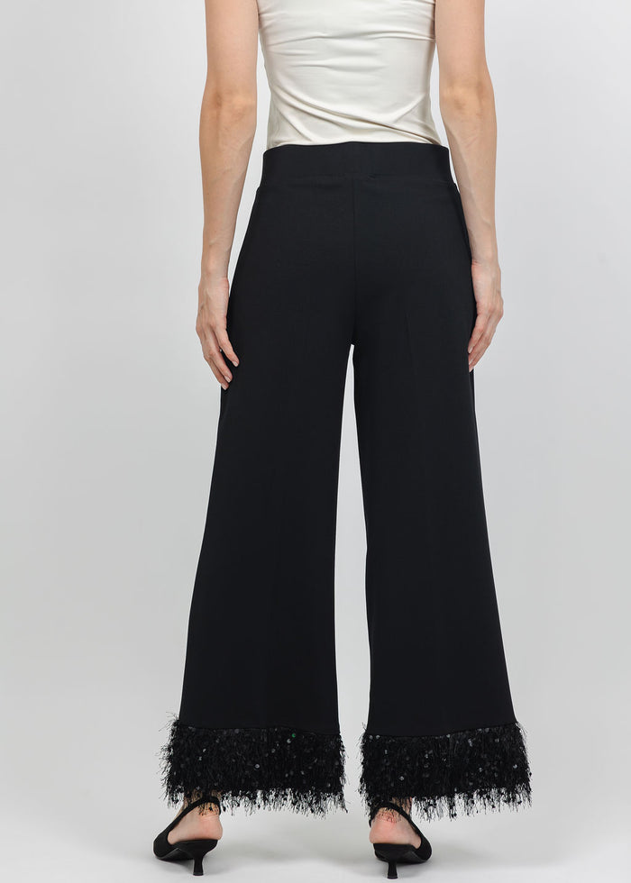 Joseph Ribkoff Scuba Crepe Fringe Cuff Wide Leg Pant in Black available at Barbara Katz