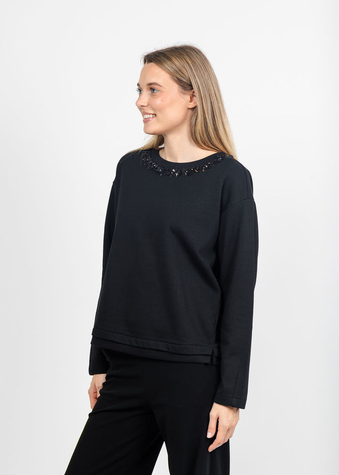 Margittes Sequin Trim Sweatshirt in Black available at Barbara Katz