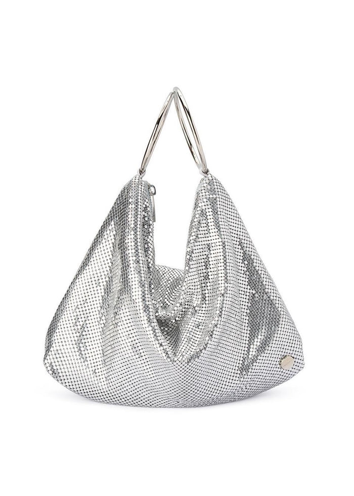 Olga Berg Shar Mesh Convertible Bag in Silver available at Barbara Katz