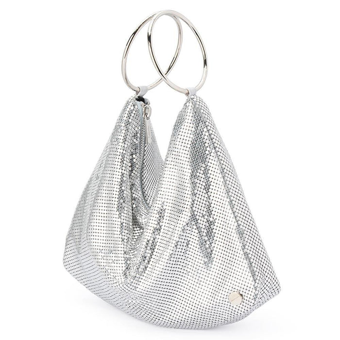 Olga Berg Shar Mesh Convertible Bag in Silver available at Barbara Katz