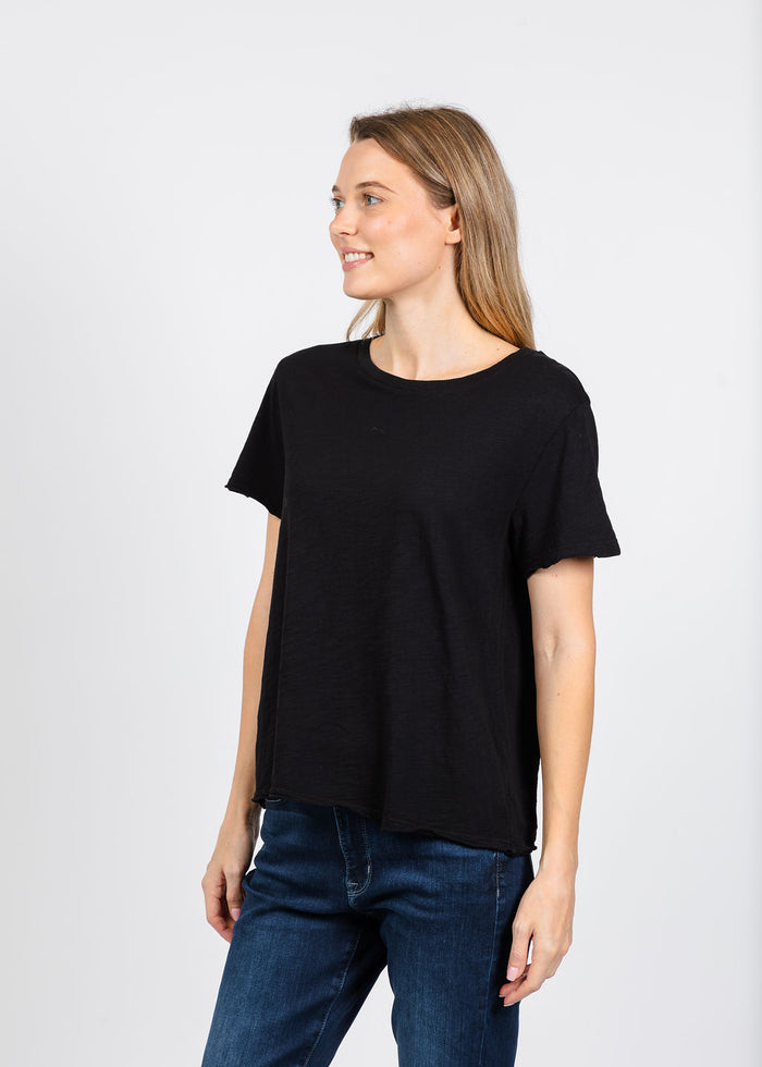 Elliott Lauren Short Sleeve Raw Hem Tee in Black available at Barbara Katz