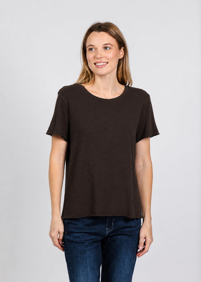 Elliott Lauren Short Sleeve Raw Hem Tee in Chocolate available at Barbara Katz