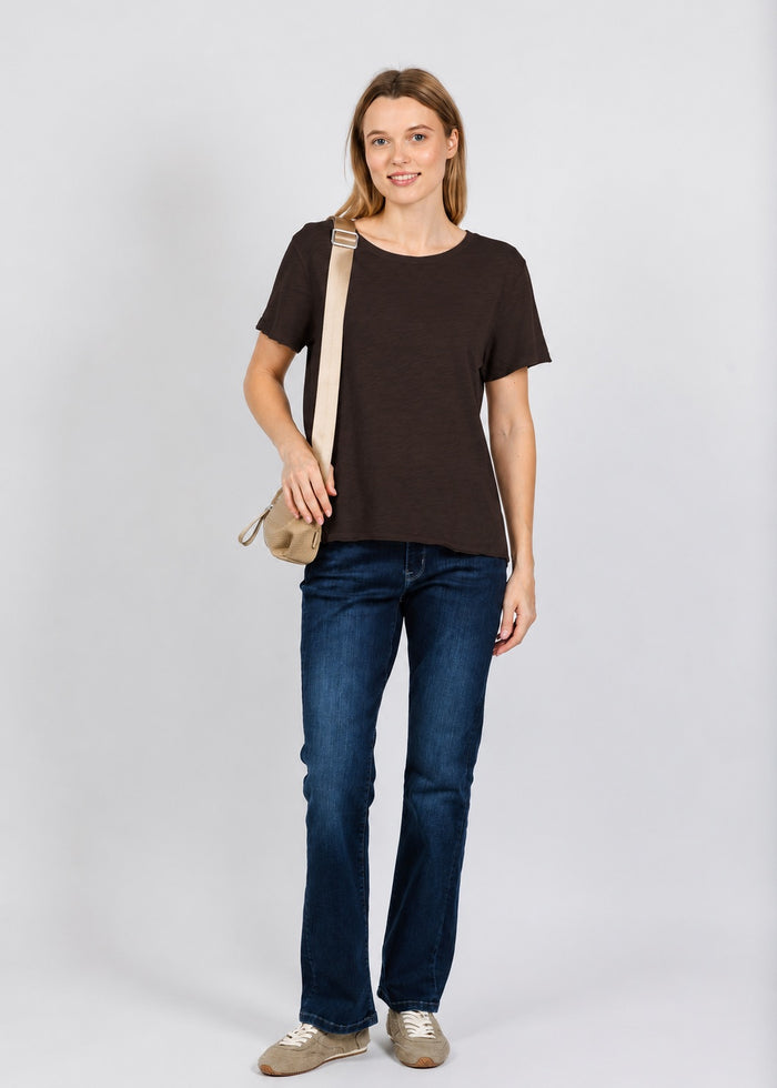 Elliott Lauren Short Sleeve Raw Hem Tee in Chocolate available at Barbara Katz