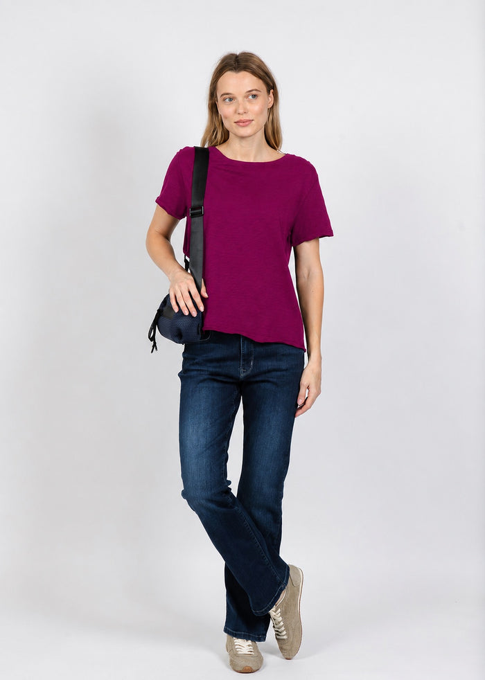 Elliott Lauren Short Sleeve Raw Hem Tee in Mulberry available at Barbara Katz