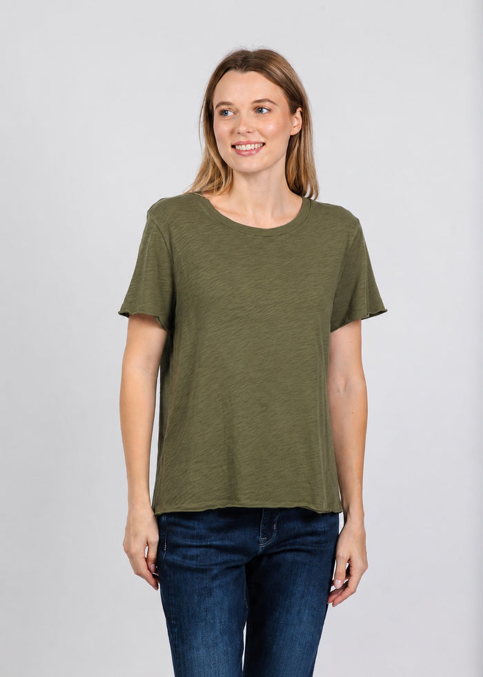 Elliott Lauren Short Sleeve Raw Hem Tee in Olive available at Barbara Katz
