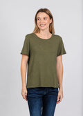 Elliott Lauren Short Sleeve Raw Hem Tee in Olive available at Barbara Katz