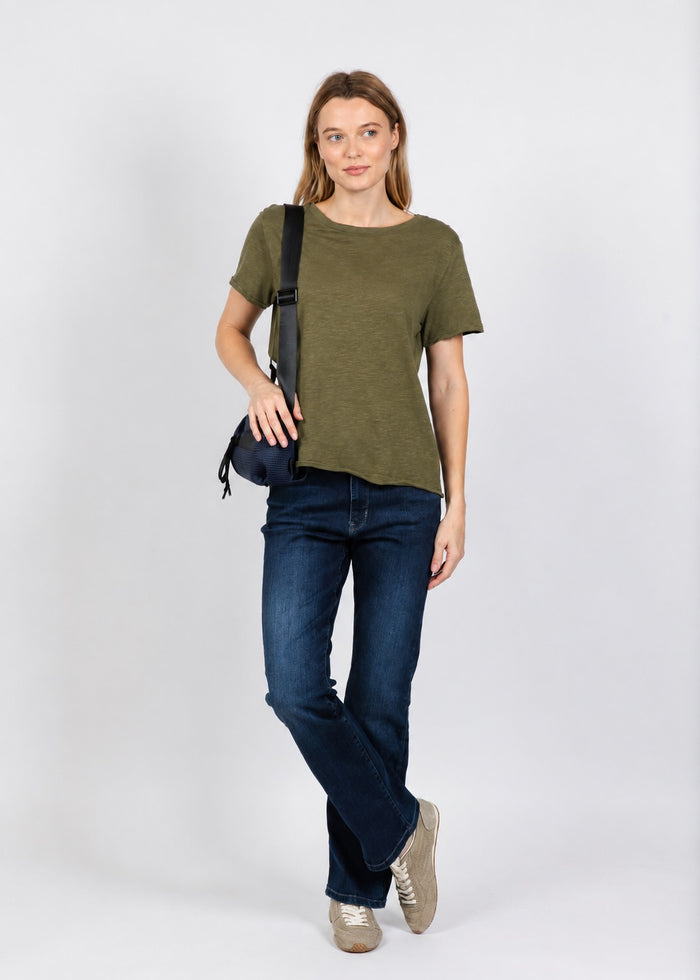Elliott Lauren Short Sleeve Raw Hem Tee in Olive available at Barbara Katz