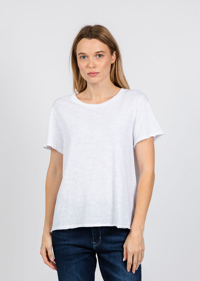 Elliott Lauren Short Sleeve Raw Hem Tee in White available at Barbara Katz