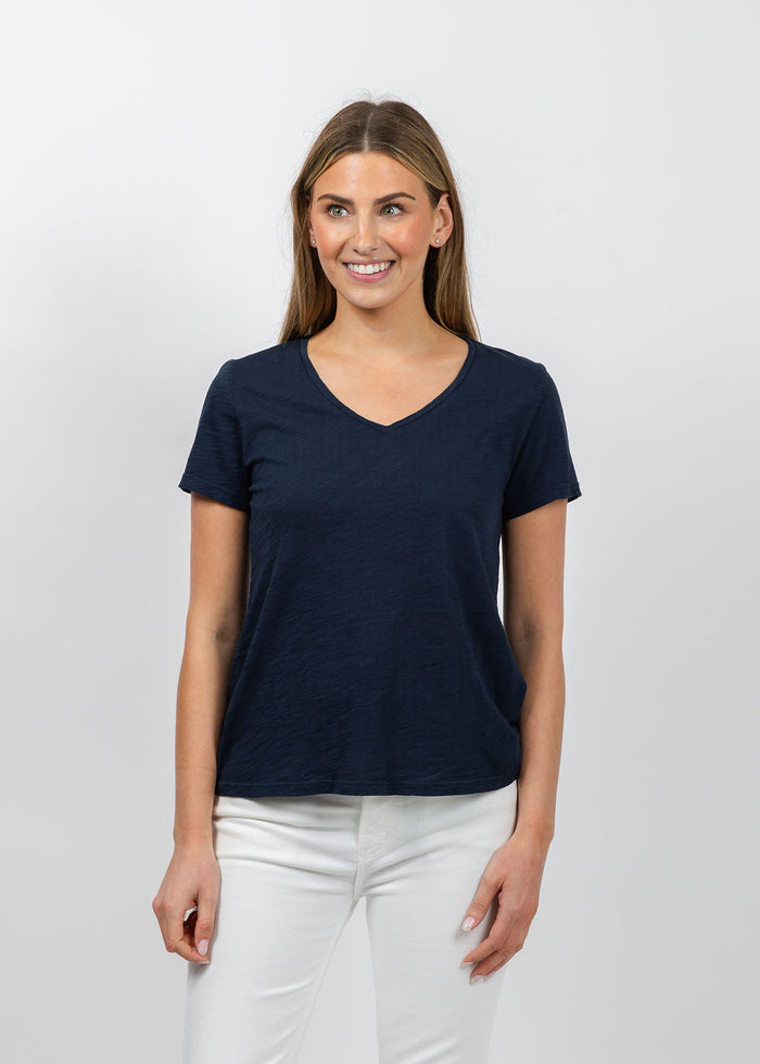 Elliott Lauren Short Sleeve V-Neck Tee in Navy available at Barbara Katz