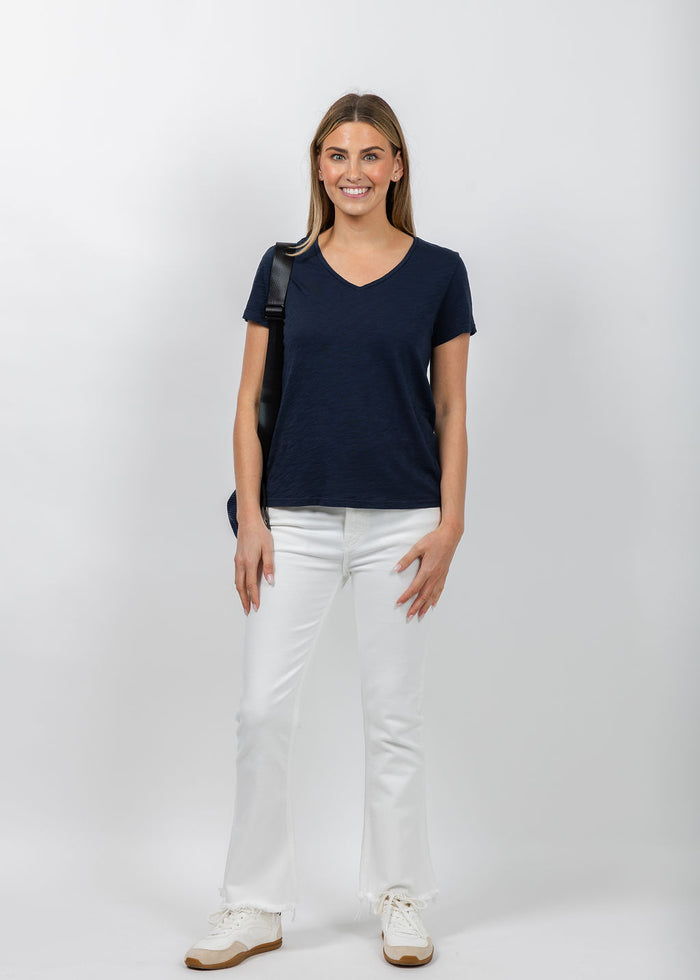 Elliott Lauren Short Sleeve V-Neck Tee in Navy available at Barbara Katz
