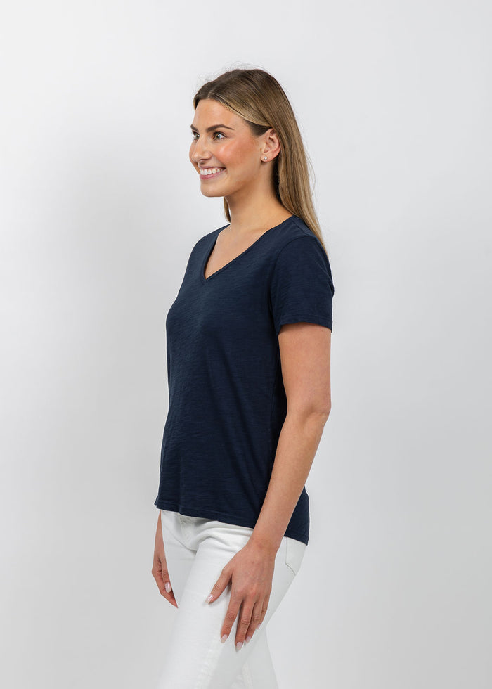 Elliott Lauren Short Sleeve V-Neck Tee in Navy available at Barbara Katz