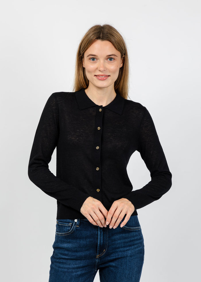Central Park West Sienna Sheer Isla Button Up Collared Sweater in Black available at Barbara Katz