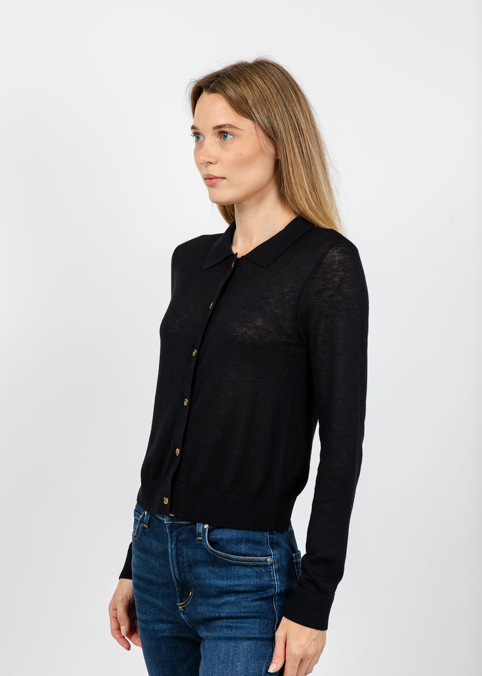Central Park West Sienna Sheer Isla Button Up Collared Sweater in Black available at Barbara Katz