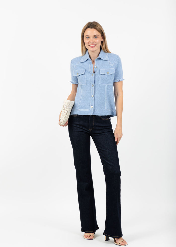 Central Park West Sienna Western Short Sleeve Sweater in Blue available at Barbara Katz