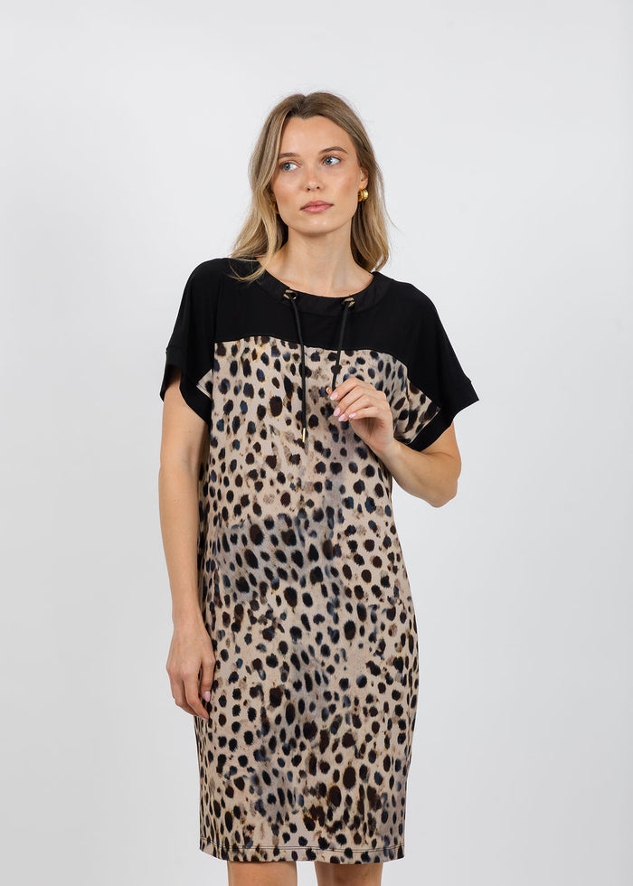 Joseph Ribkoff Silky Knit Animal Print Straight Dress in Beige/Multi available at Barbara Kat