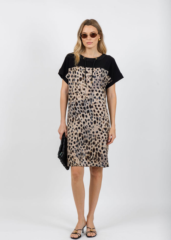 Joseph Ribkoff Silky Knit Animal Print Straight Dress in Beige/Multi available at Barbara Kat