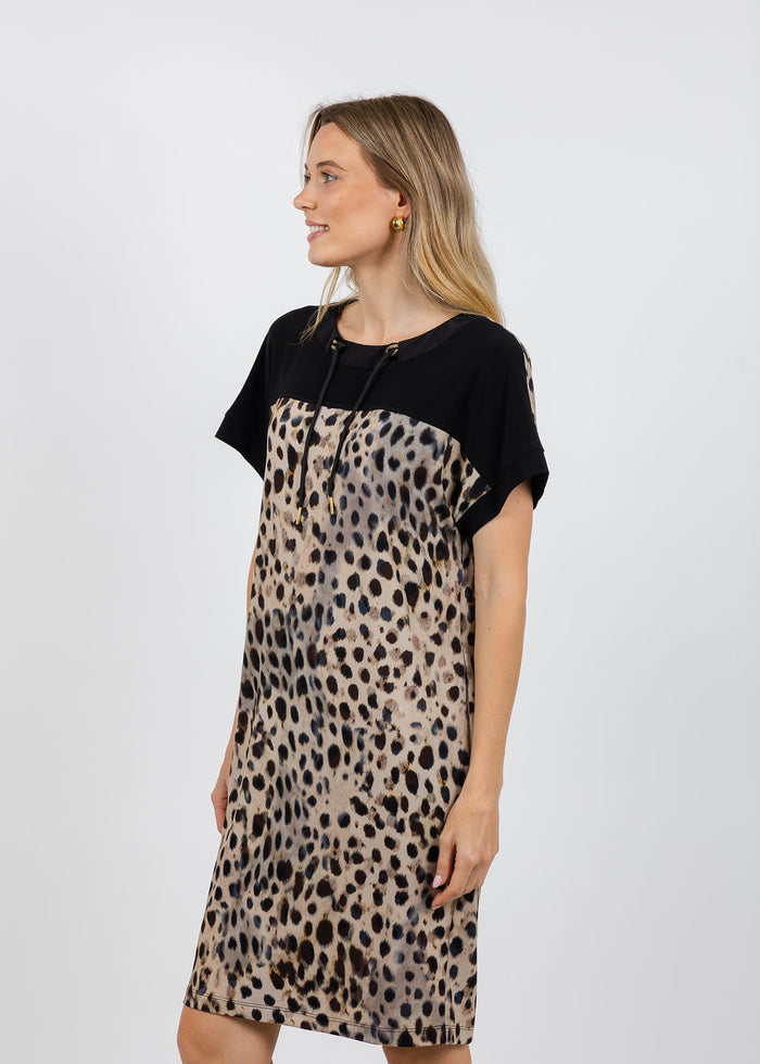 Joseph Ribkoff Silky Knit Animal Print Straight Dress in Beige/Multi available at Barbara Kat