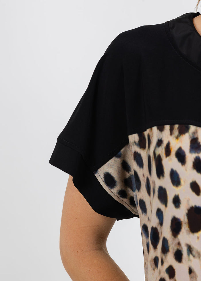 Joseph Ribkoff Silky Knit Animal Print Straight Dress in Beige/Multi available at Barbara Kat