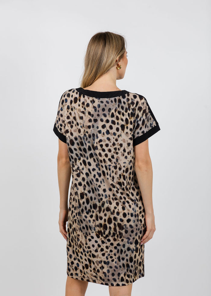 Joseph Ribkoff Silky Knit Animal Print Straight Dress in Beige/Multi available at Barbara Kat