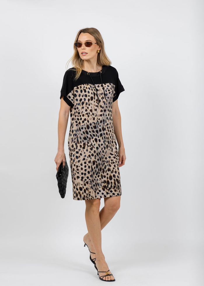 Joseph Ribkoff Silky Knit Animal Print Straight Dress in Beige/Multi available at Barbara Kat