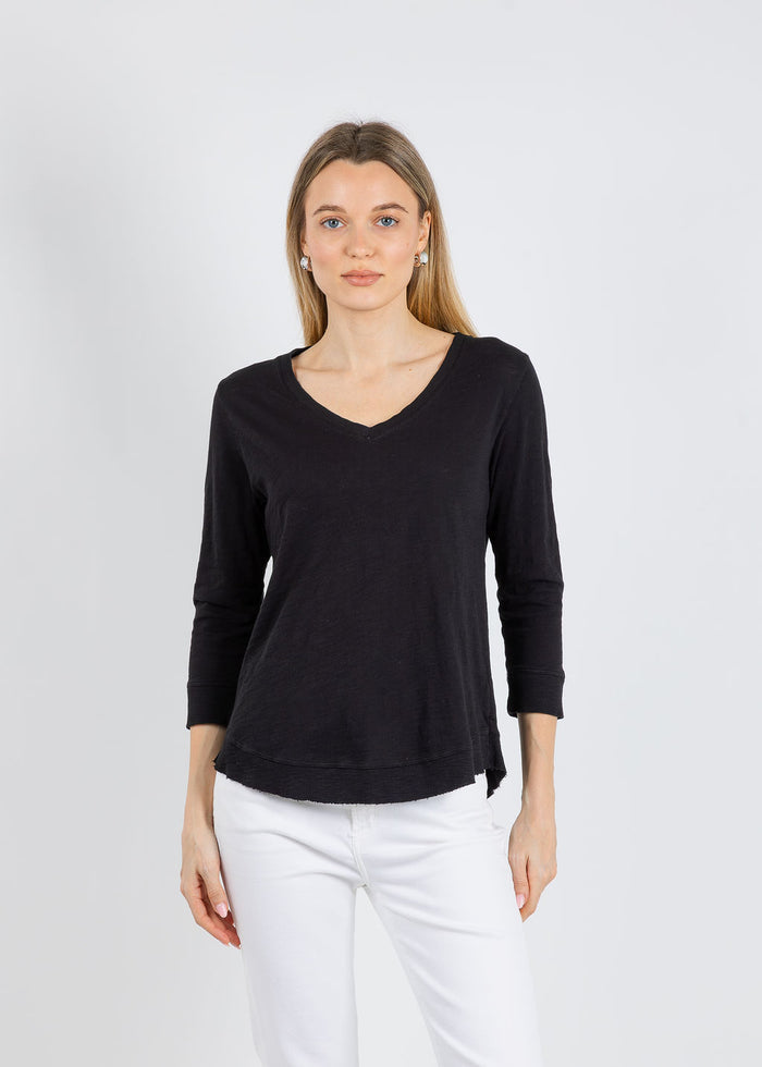 Elliott Lauren Silvie Rib 3/4 Sleeve V-Neck Tee in Black available at Barbara Katz