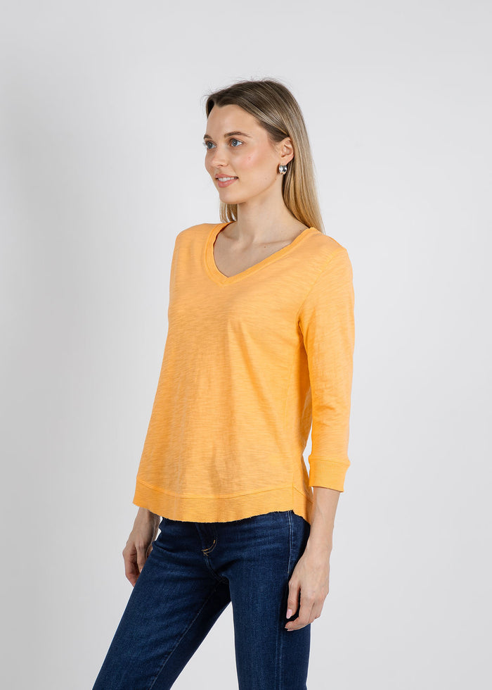 Elliott Lauren Silvie Rib 3/4 Sleeve V-Neck Tee in Creamsicle available at Barbara Katz