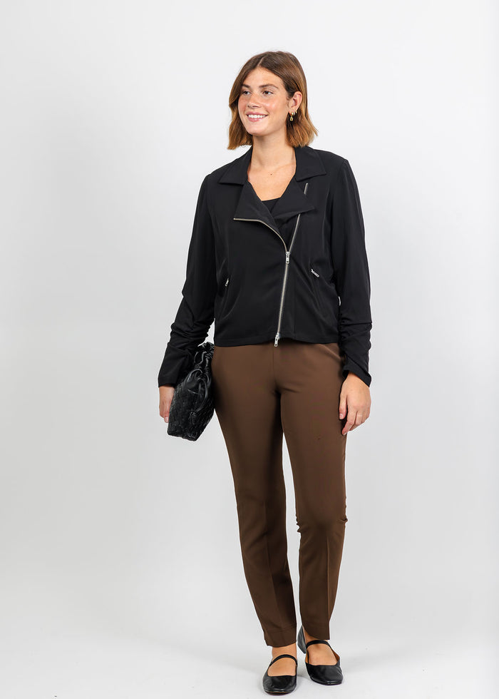 Peace of Cloth Skye Moto Jacket in Black paired with Peace of Cloth Annie Excursion Twill Pant in Cocoa available at Barbara Katz