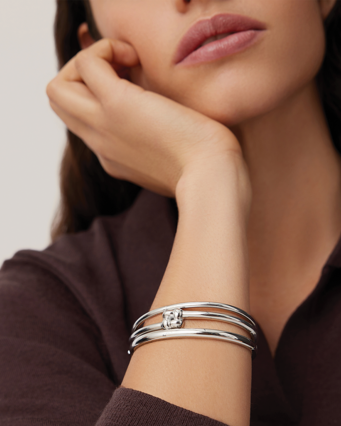 Jenny Bird Slim Woven Square Bangle in Silver available at Barbara Katz