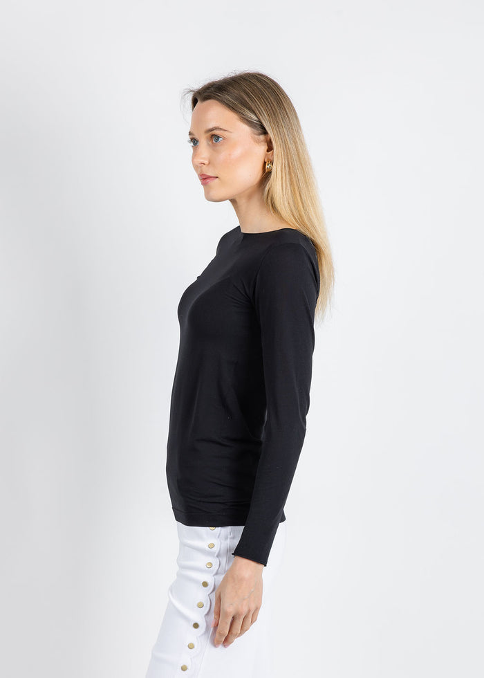 AMB Solid Raw Edge High Neck Second Skin Top in Black available at Barbara Katz