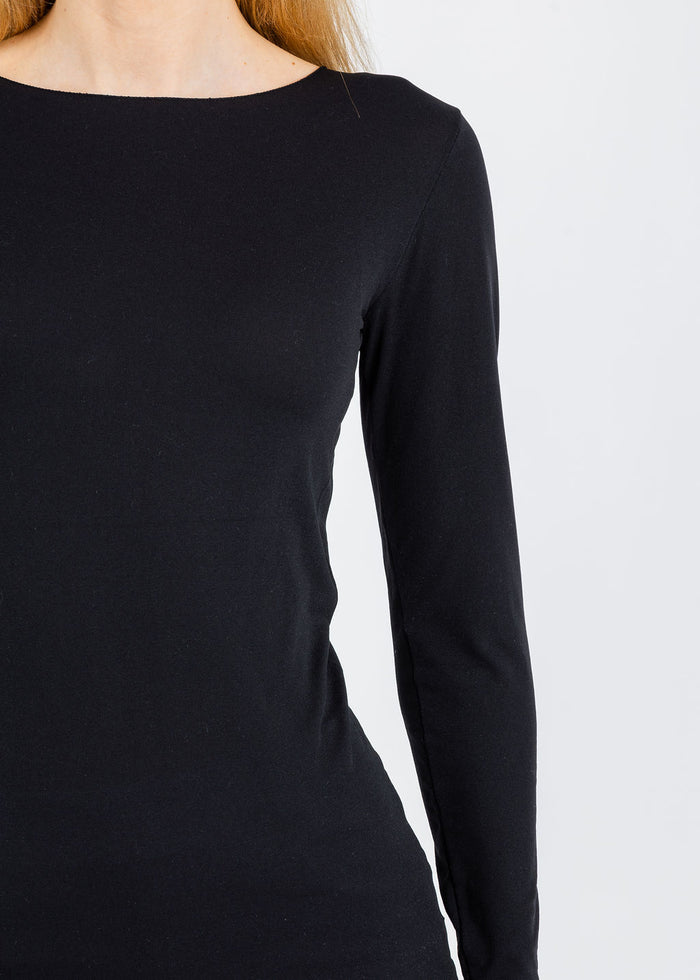 AMB Solid Raw Edge High Neck Second Skin Top in Black available at Barbara Katz