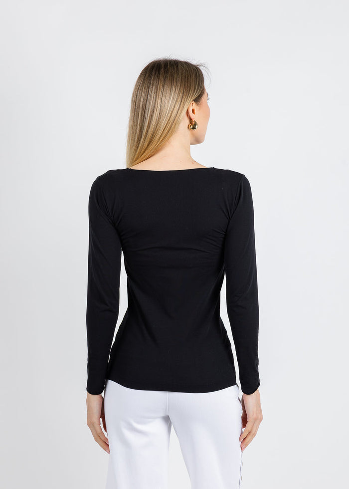 AMB Solid Raw Edge High Neck Second Skin Top in Black available at Barbara Katz