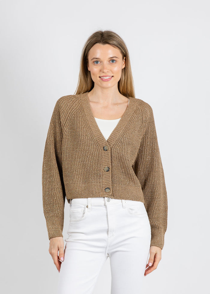 Oui Sparkle Knit Cardigan in Bronze available at Barbara Katz