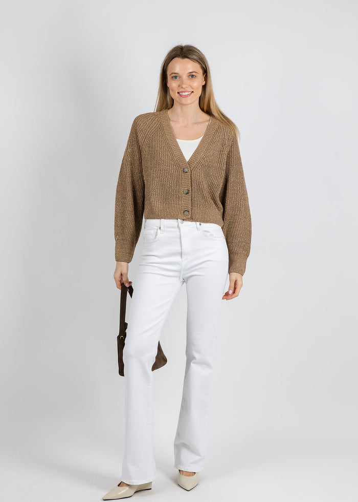 Oui Sparkle Knit Cardigan in Bronze available at Barbara Katz