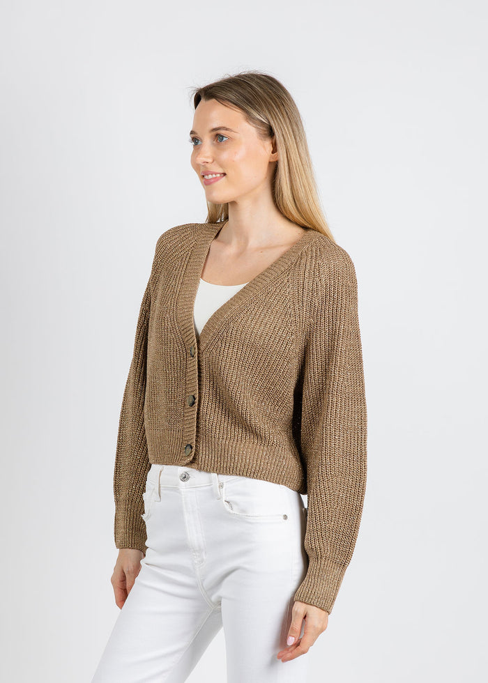 Oui Sparkle Knit Cardigan in Bronze available at Barbara Katz