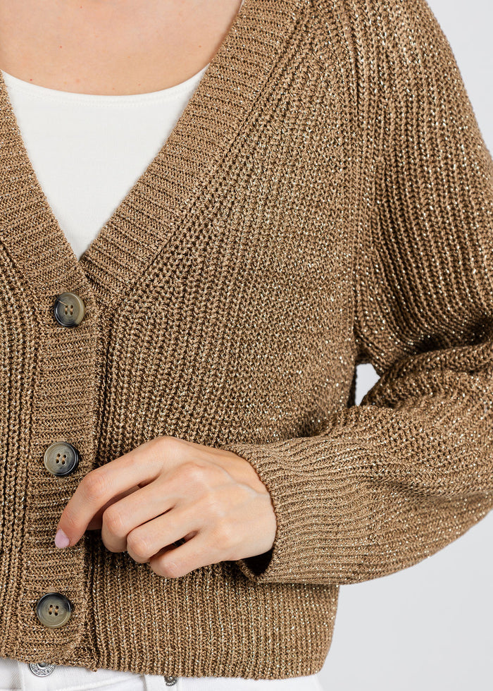 Oui Sparkle Knit Cardigan in Bronze available at Barbara Katz
