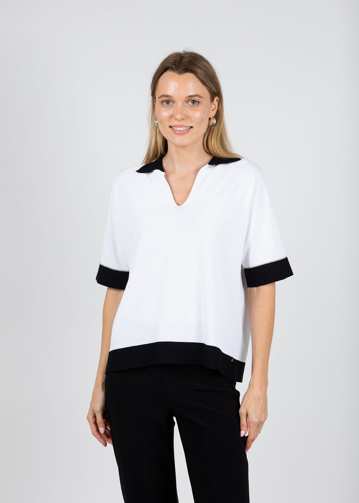 D. Exterior Split Neck Polo Sweater in Bianco/Nero available at Barbara Katz