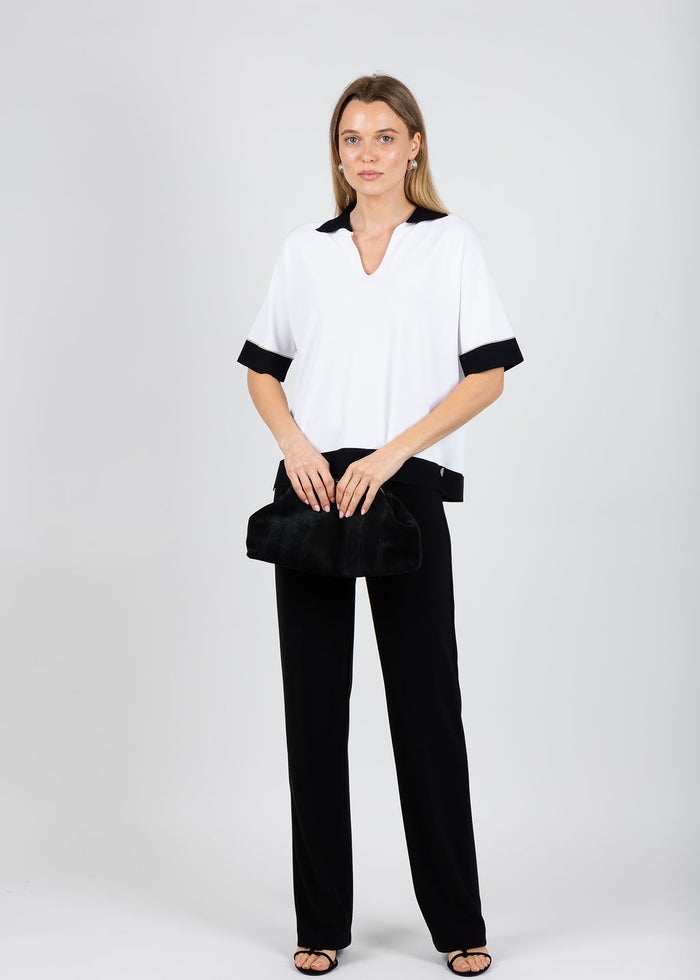 D. Exterior Split Neck Polo Sweater in Bianco/Nero available at Barbara Katz