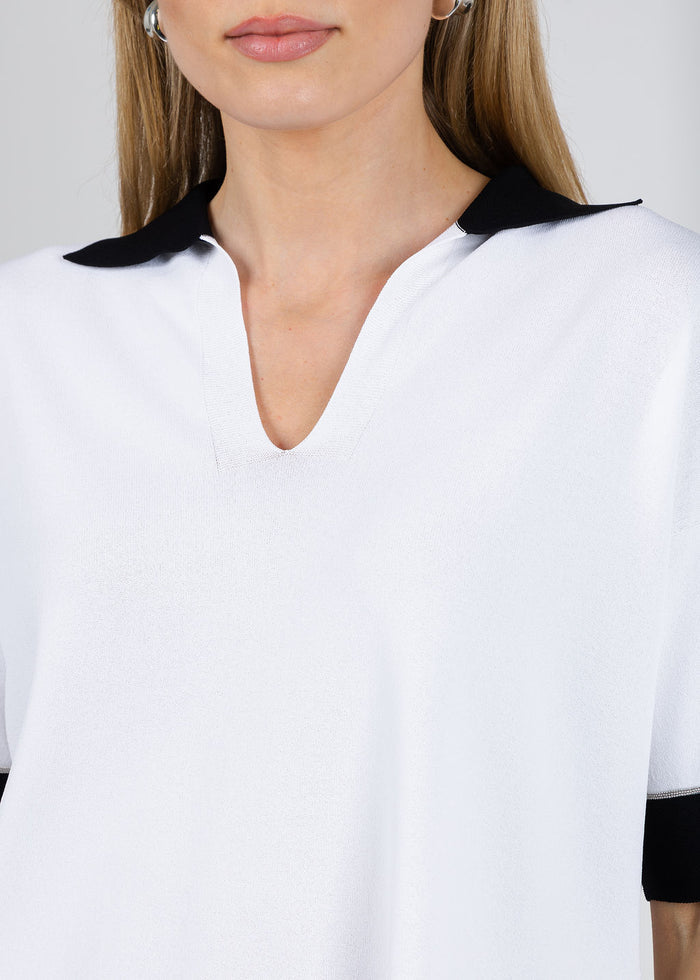 D. Exterior Split Neck Polo Sweater in Bianco/Nero available at Barbara Katz