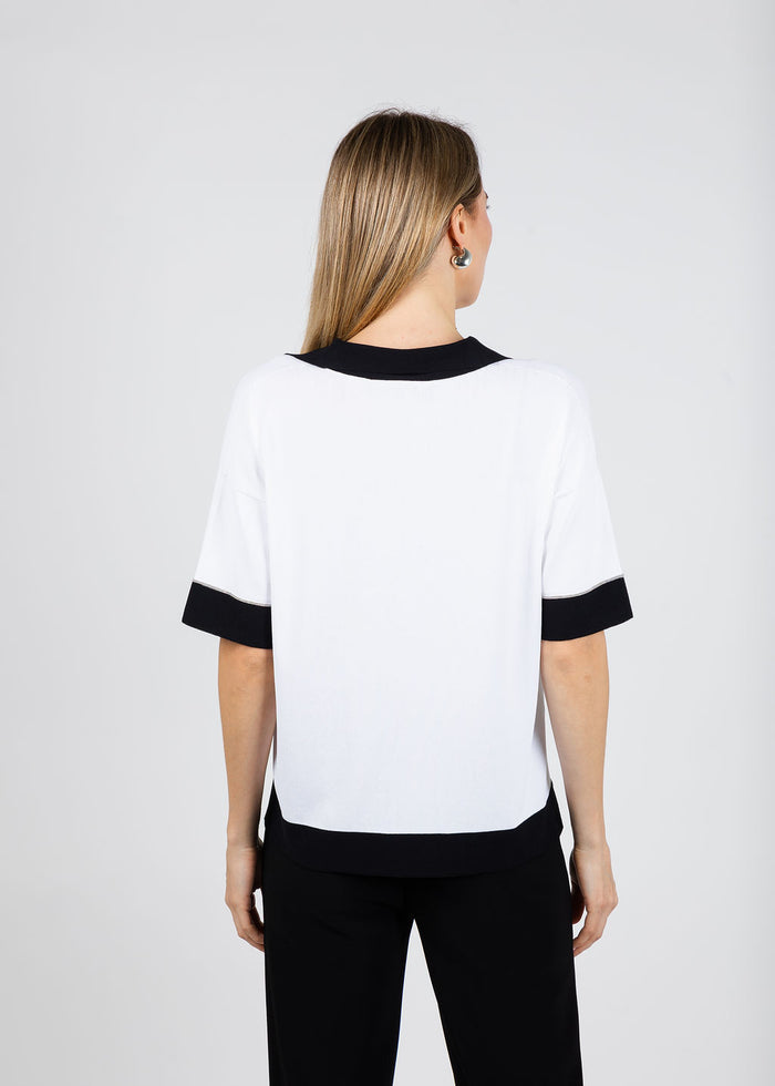 D. Exterior Split Neck Polo Sweater in Bianco/Nero available at Barbara Katz