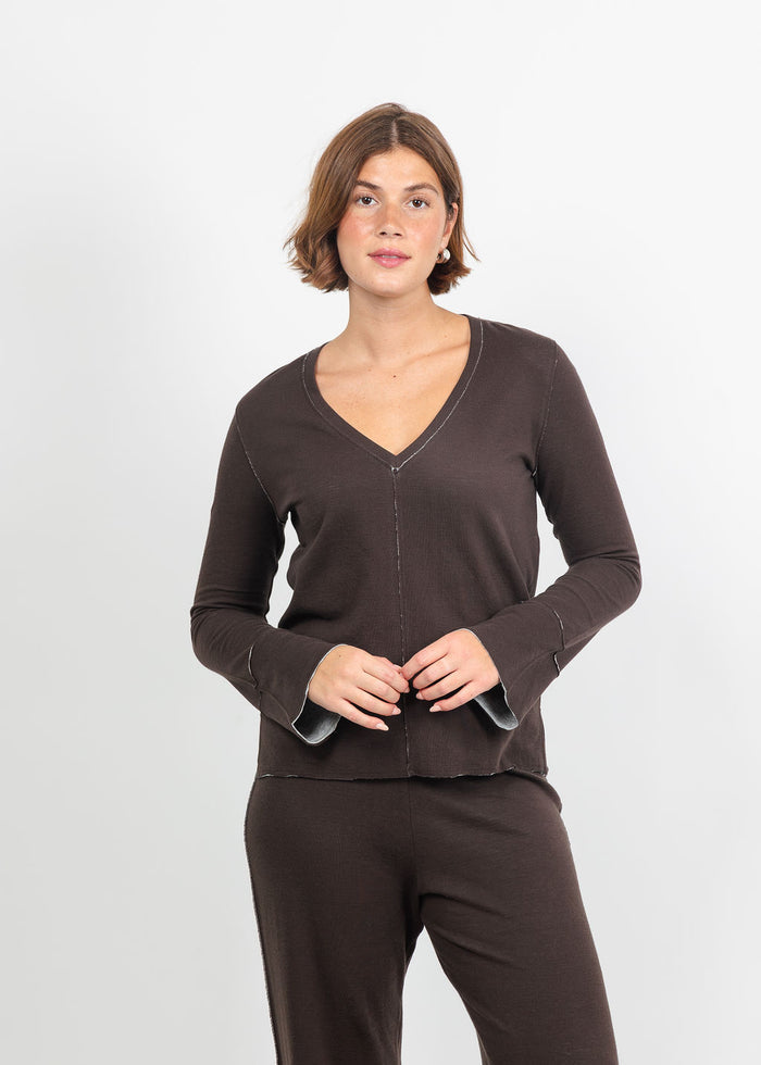 Goldie Stella Double-Faced V-Neck Pullover in Coffee/Heather Gray available at Barbara Katz