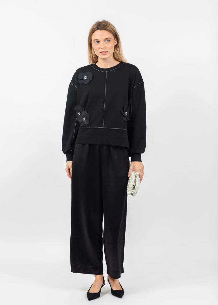 Terra Stitch & 3D Floral Appliques Sweater in Black available at Barbara Katz
