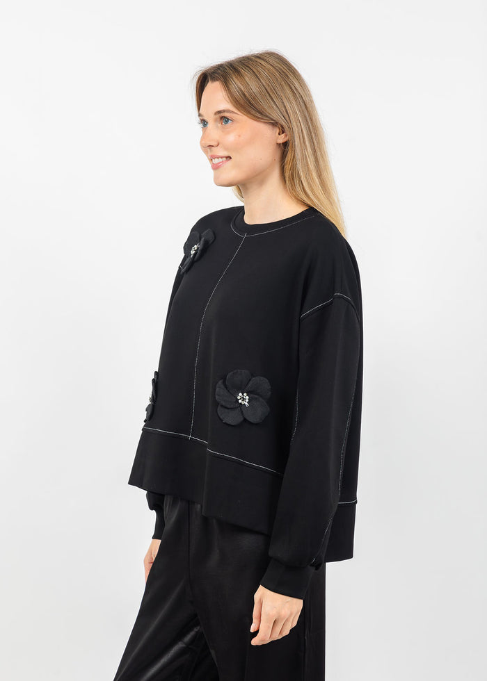 Terra Stitch & 3D Floral Appliques Sweater in Black available at Barbara Katz
